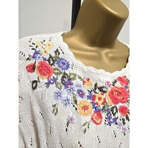 Vtg Cream Floral Embroidered Pullover Sweater Womens XL Granny Feminine Delicate